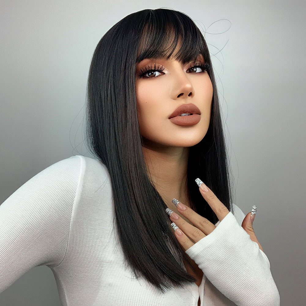 LC342-1 long straight wigs black with bangs wigs for women for daily life