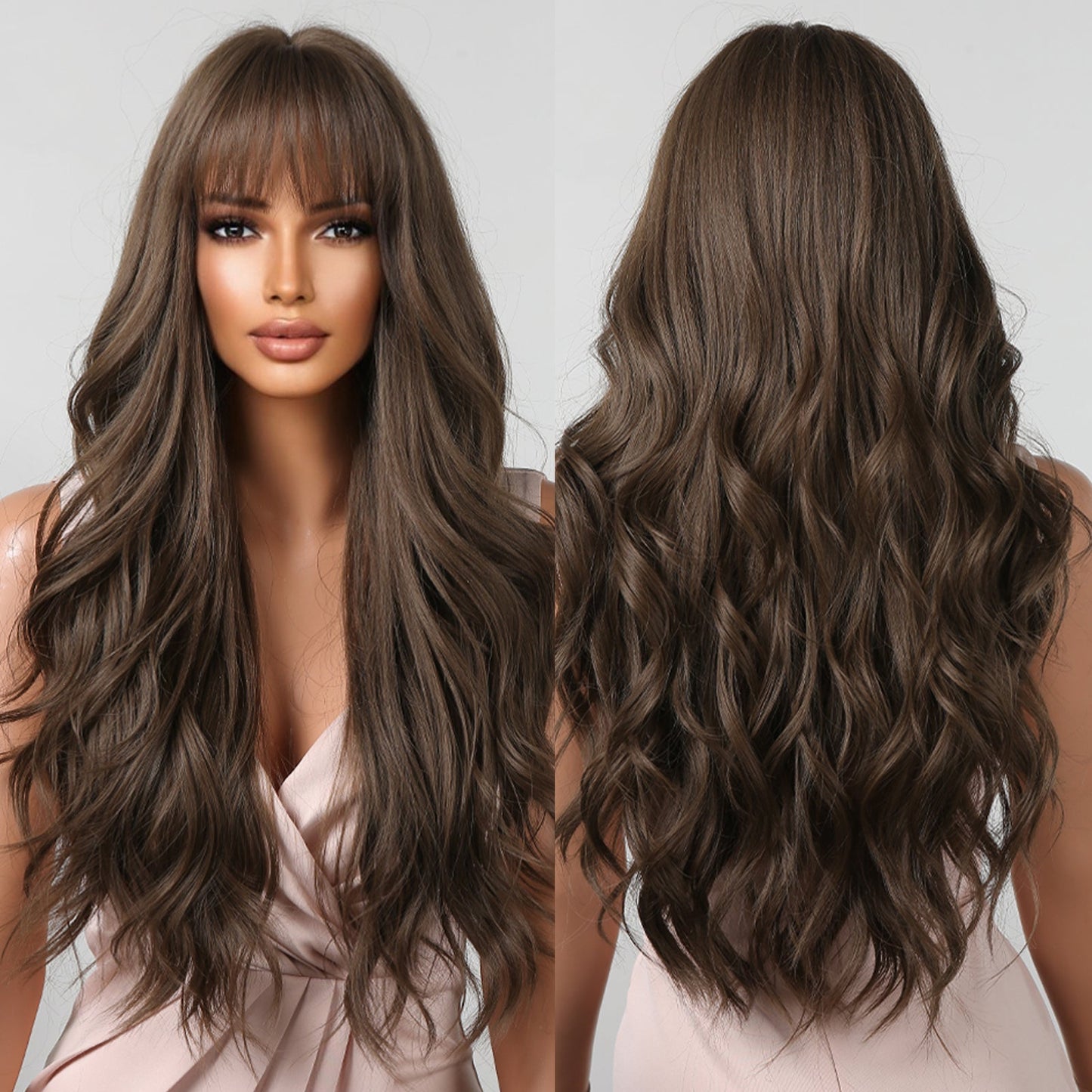 LC2088-2 30 Inch deep brown long curly wigs with bangs wigs for women