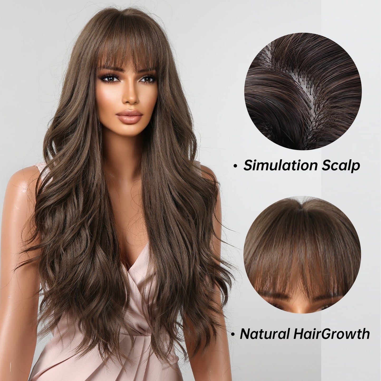 LC2088-2 30 Inch deep brown long curly wigs with bangs wigs for women