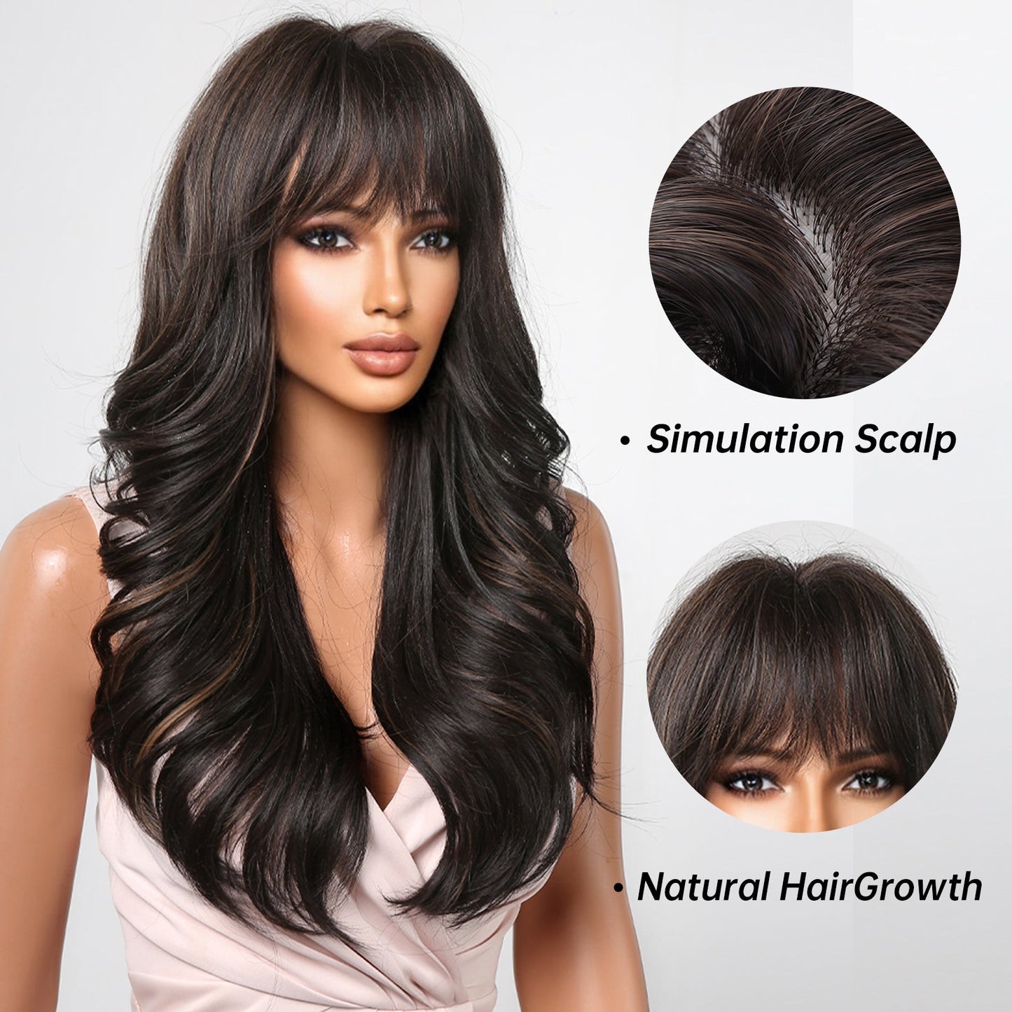 LC2090-1 26 Inches Long Curly BlackWigs with Bangs Synthetic Wigs Women's Wigs for Daily or Cosplay Use
