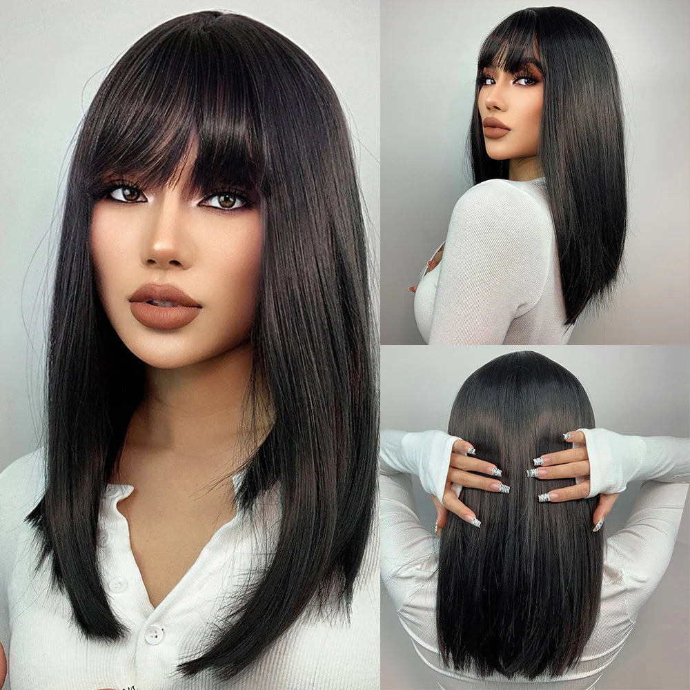 LC342-1 long straight wigs black with bangs wigs for women for daily life