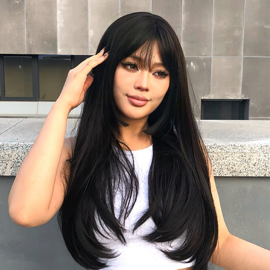 WL1053-1 24 Inches Long Straight Black Wigs with Bangs Women's Wigs for Daily,Party or Cosplay Use WL