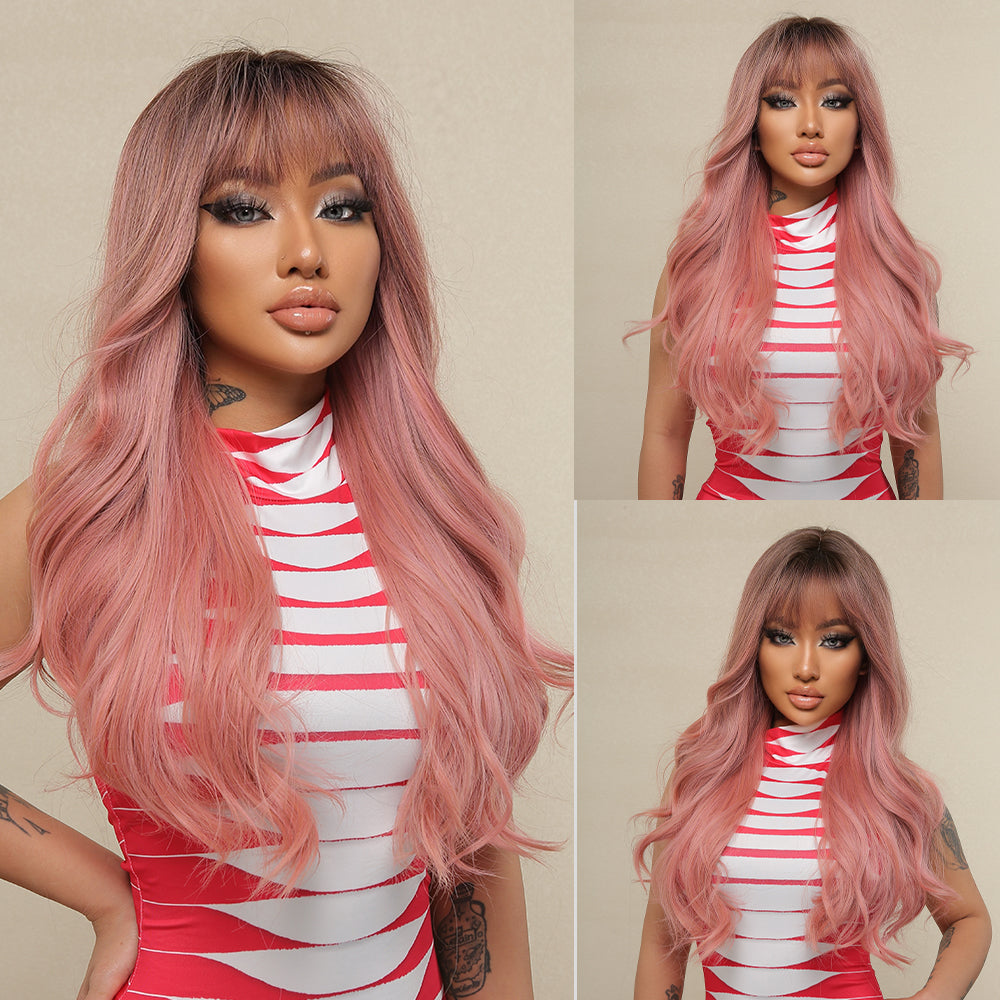 LC6018 Long curly wigs black ombre pink with bangs wigs for women for daily life