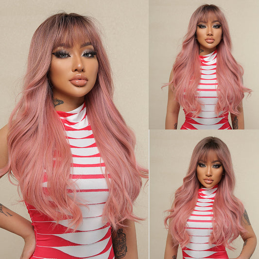 LC6018 Long curly wigs black ombre pink with bangs wigs for women for daily life