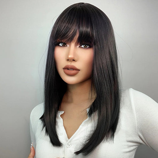 LC342-1 long straight wigs black with bangs wigs for women for daily life