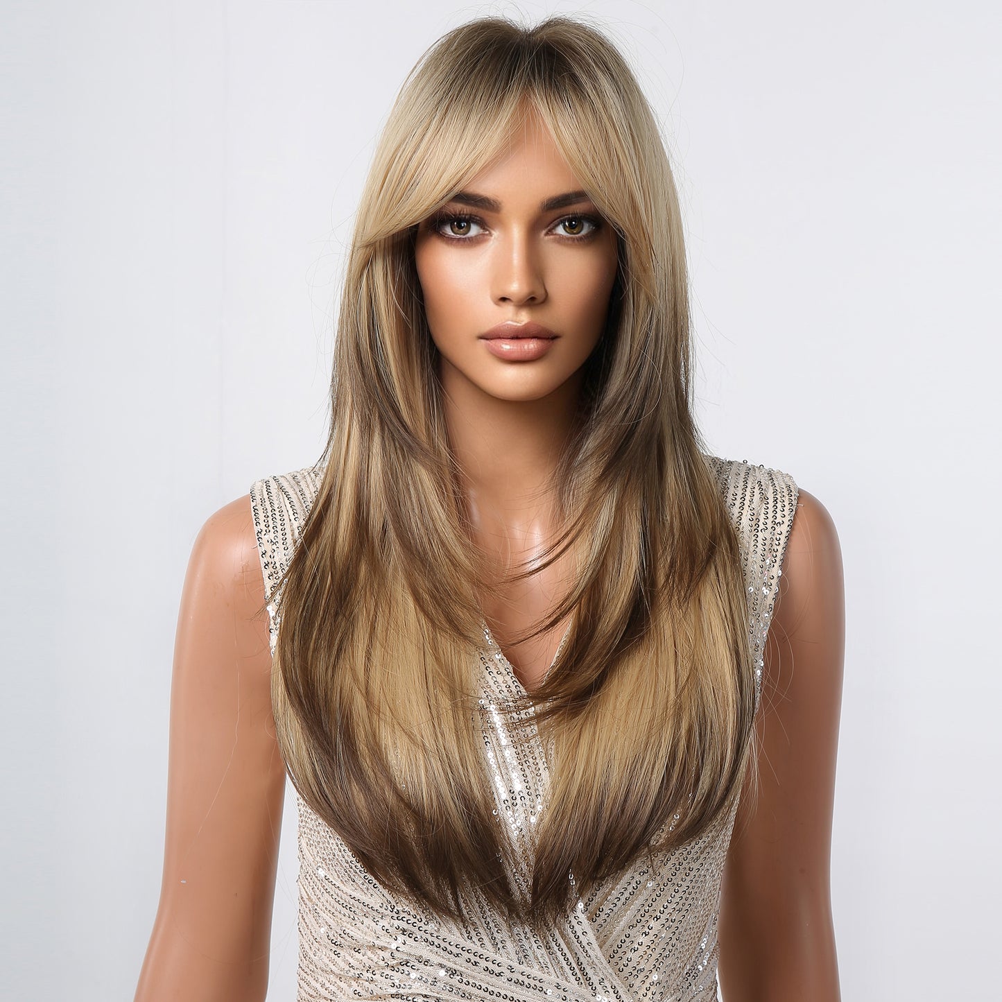 LC2068-13 22 Inches Long Straight Blonde Ombre Brown Layered Wigs with Bangs Synthetic Wigs for Women Daily Use Party or Cosplay Taking Photos