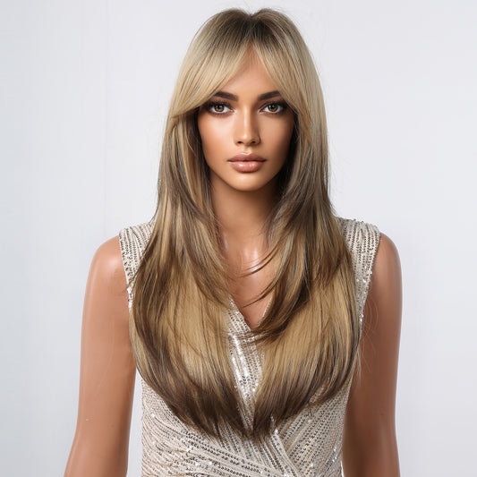 LC2068-13 22 Inches Long Straight Blonde Ombre Brown Layered Wigs with Bangs Synthetic Wigs for Women Daily Use Party or Cosplay Taking Photos