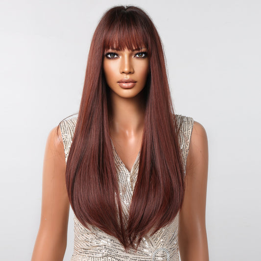 LC2096-2 28 inch Long straight wigs black ombre wine red Wigs with bangs wigs