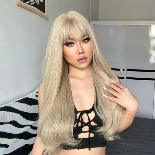 LC5038-1 24 Inch Long Platinum Wavy Wig With Bangs Synthetic Heat Resistant Wig