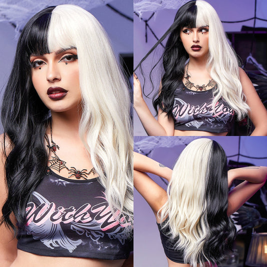 RP002-1 24 Inch Black And White Long Wavy Wigs for Women