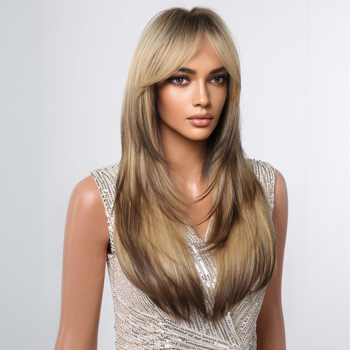 LC2068-13 22 Inches Long Straight Blonde Ombre Brown Layered Wigs with Bangs Synthetic Wigs for Women Daily Use Party or Cosplay Taking Photos