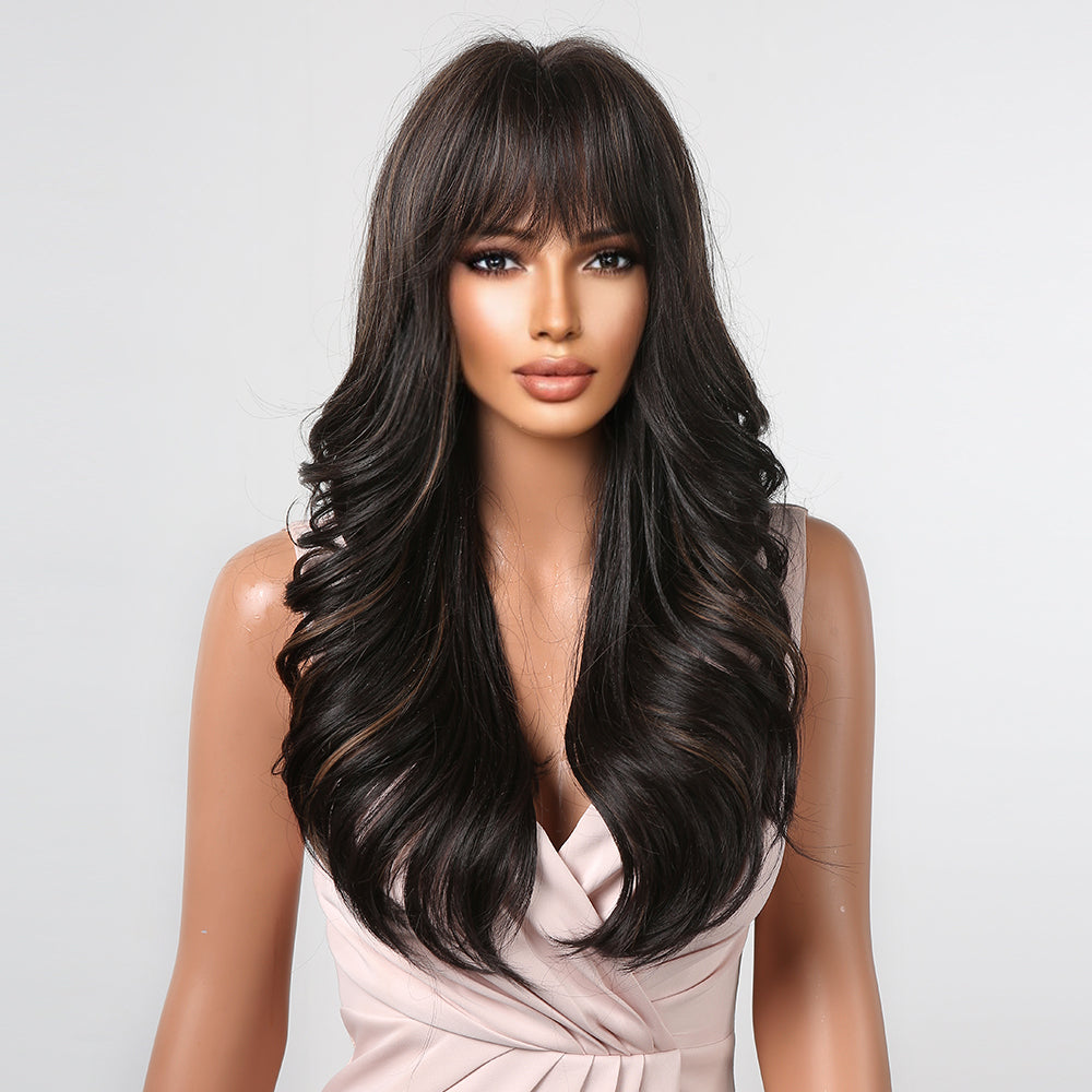 LC2090-1 26 Inches Long Curly BlackWigs with Bangs Synthetic Wigs Women's Wigs for Daily or Cosplay Use