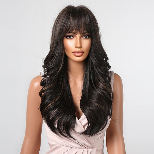 LC2090-1 26 Inches Long Curly BlackWigs with Bangs Synthetic Wigs Women's Wigs for Daily or Cosplay Use