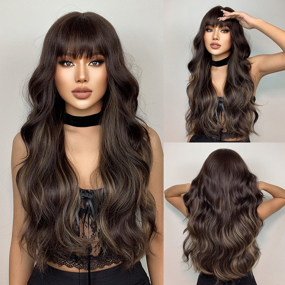 LC1029-1 26 Inches Long Curly Brown Wigs with Bangs and Black Roots Synthetic Wigs Women's Wigs for Daily or Cosplay Use
