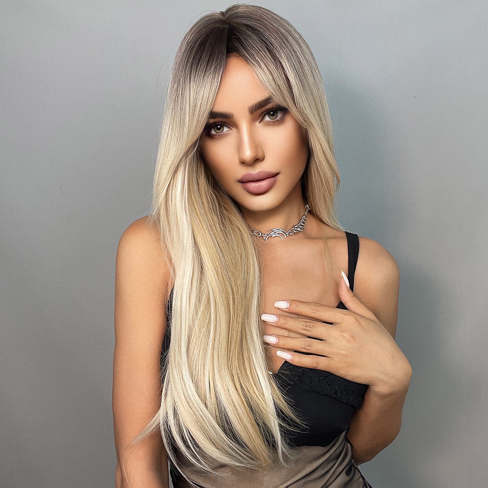 LC5227  Long straight wigs black ombre white blonde with bangs wigs for women for daily life