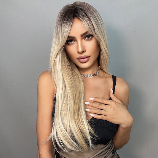 LC5227  Long straight wigs black ombre white blonde with bangs wigs for women for daily life