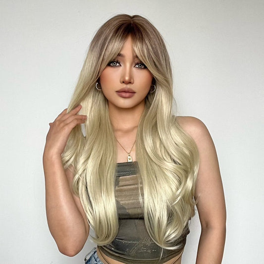 LC018-1 26 Inches Long Curly  Blonde Wigs with Bangs Wigs for Women Daily or Cosplay Use