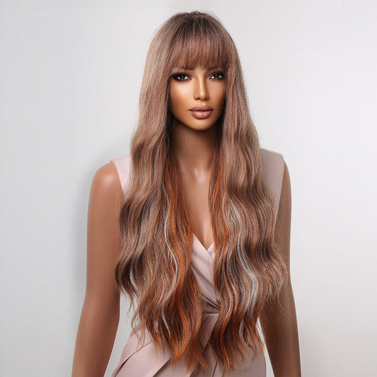 LC2059-1 30 inch Long Brown Mixed Gray Wavy Wig for Women