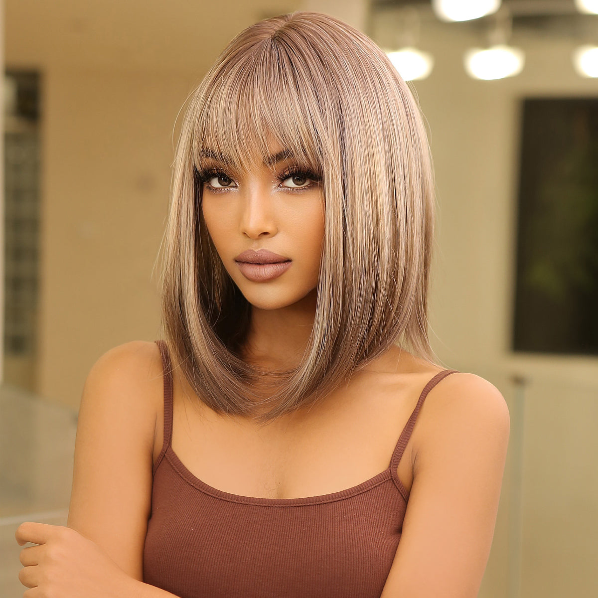LC2067-1 16 inches ombre blonde hair shoulder length straight hair with bangs for women dailywear