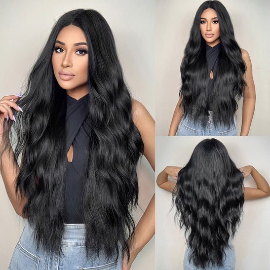 LC2007-1 28 inch Long Black Wavy Wig Middle Part
