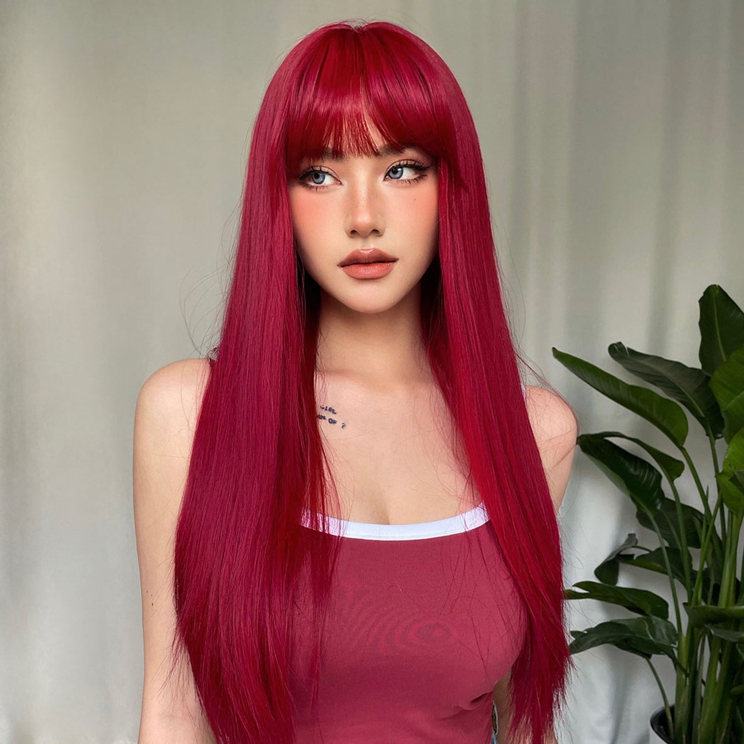 WL1084-1 18 Inch long straight wigs red with bangs wigs for women