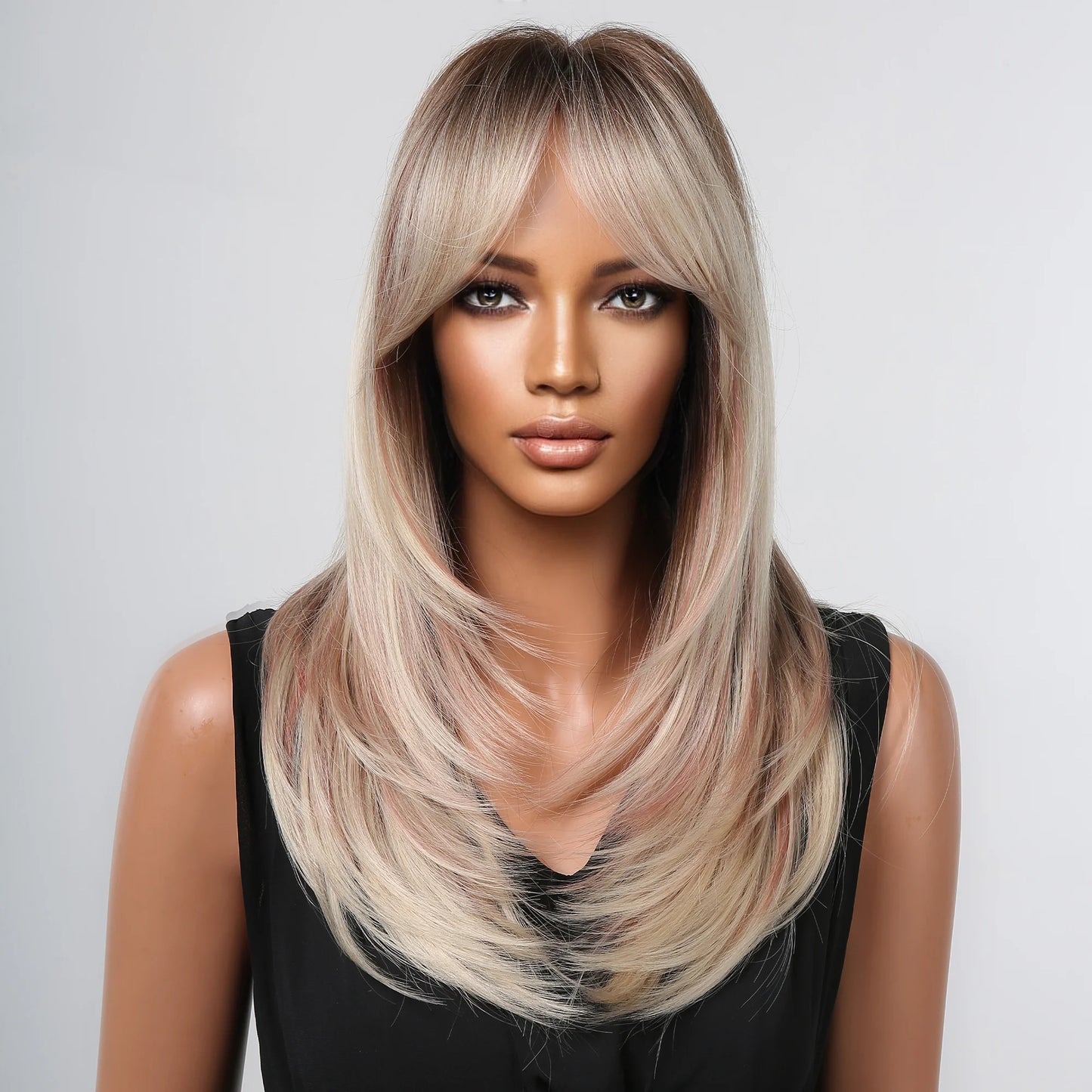 LC2068-12 20 Inches Long Straight Blonde Synthetic Wigs with Bangs Women's Wigs for Daily or Cosplay Use