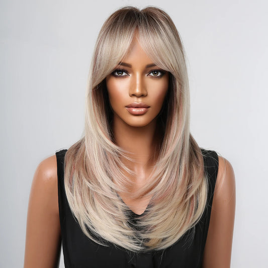 LC2068-12 20 Inches Long Straight Blonde Synthetic Wigs with Bangs Women's Wigs for Daily or Cosplay Use