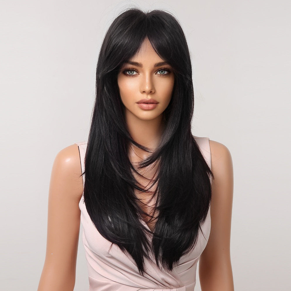 LC2068-8 22 Inches Long Straight Black Wigs Layered Wigs Synthetic Wigs for Women for Daily or Cosplay Use