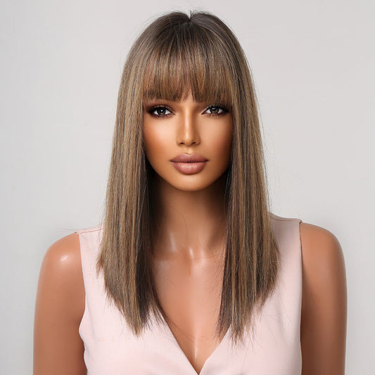 LC5225-1 16 inch Long straight black ombre blonde wigs with bangs wigs for women for daily life