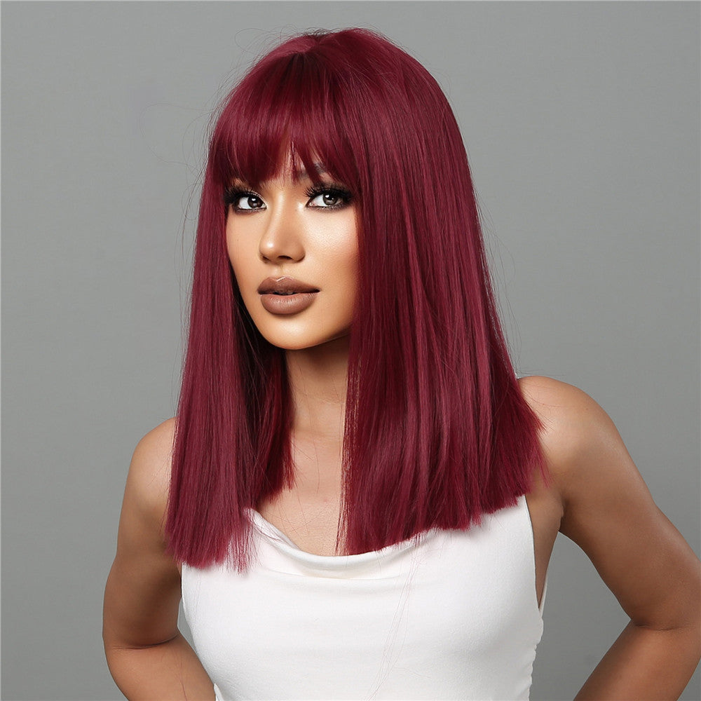 LC2072-1 18 Inch Long Straight Wine Red Wigs with Bangs Wigs for Women