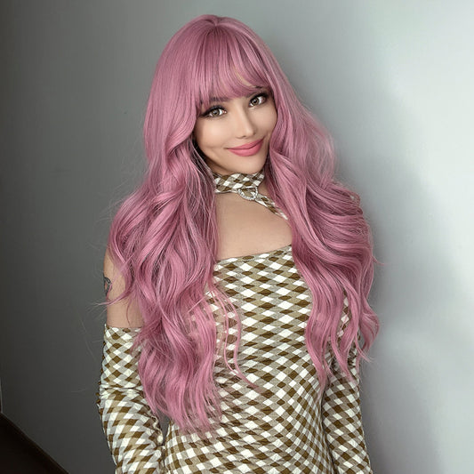 LC6124-1 24 Inches Long Curly Pink Wigs with Bangs and Black Roots Synthetic Wigs Women's Wigs for Daily or Cosplay Use