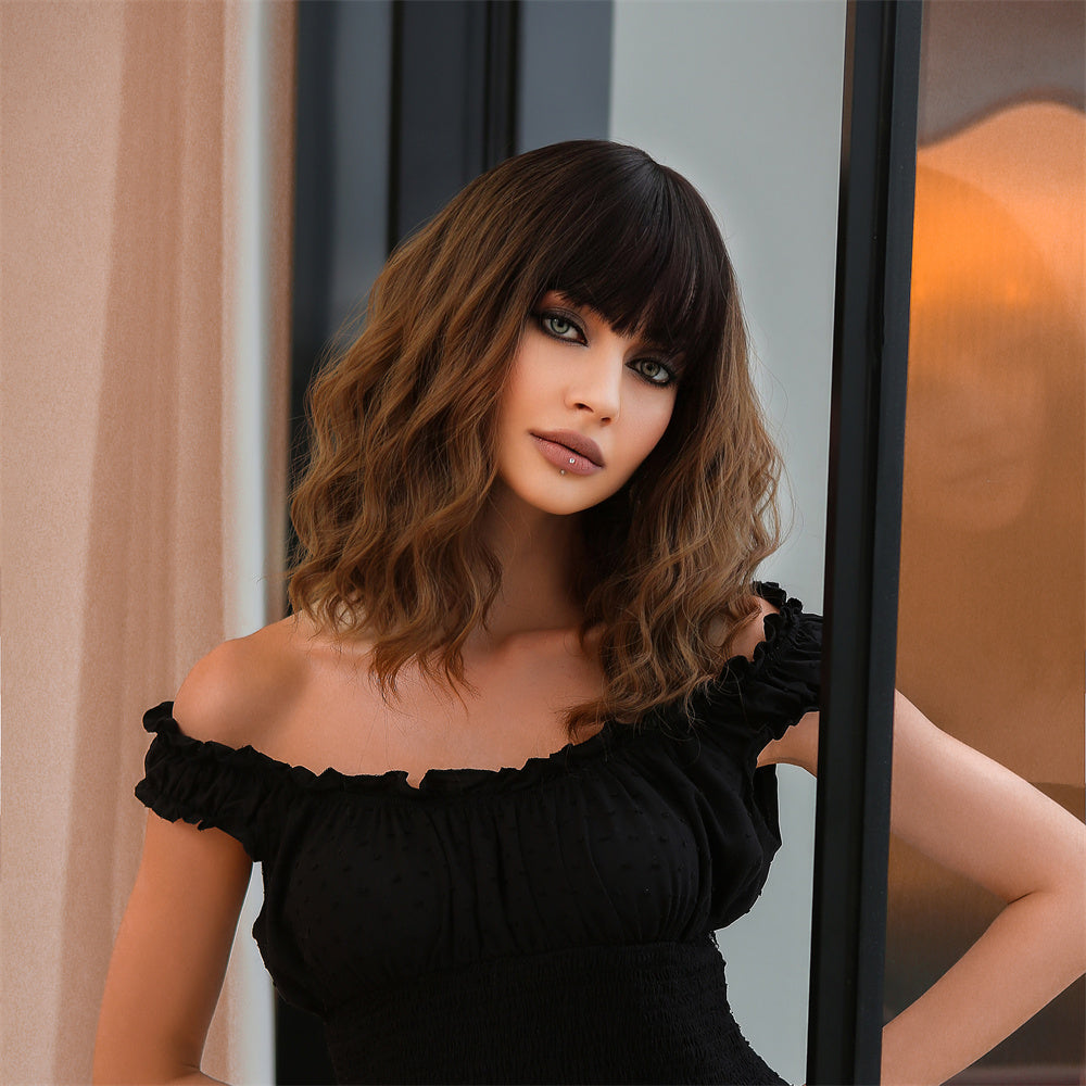 WL1076-1 18 Inches Long Curly Black Ombre Brown Blonde Wigs Synthetic Wigs Women's Wigs for Daily or Cosplay Use