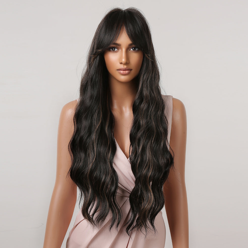 LC2077-1  24 Inches Long Curly Lack Wigs wirh Bangs and Blonde Highlight Women's Wigs for Daily or Cosplay Use