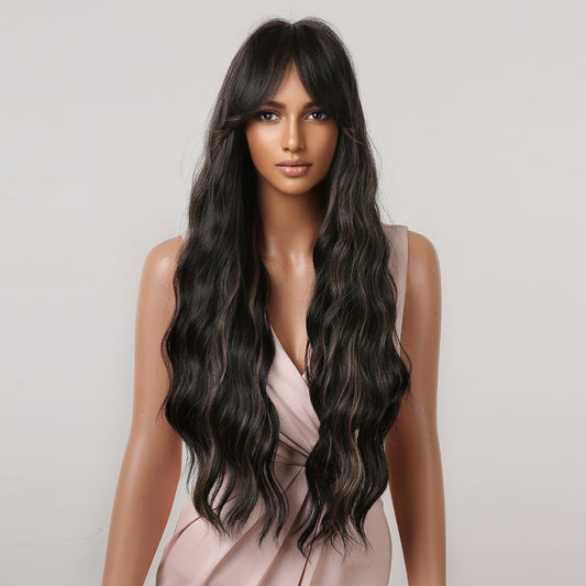 LC2077-1  24 Inches Long Curly Lack Wigs wirh Bangs and Blonde Highlight Women's Wigs for Daily or Cosplay Use