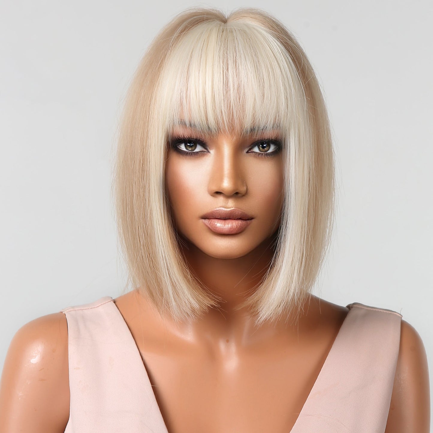 LC2080-10 12 Inches Short Straight Blonde Bobo Wigs with Ivory Bangs Synthetic Wigs for Women Daily Use