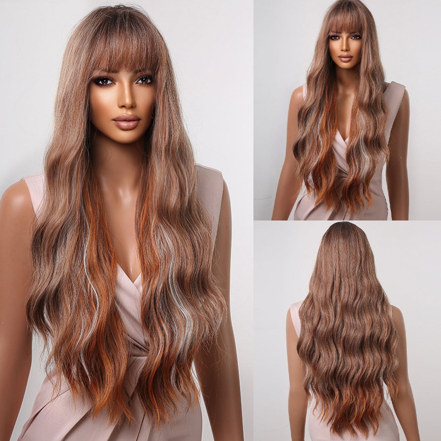 LC2059-1 30 inch Long Brown Mixed Gray Wavy Wig for Women