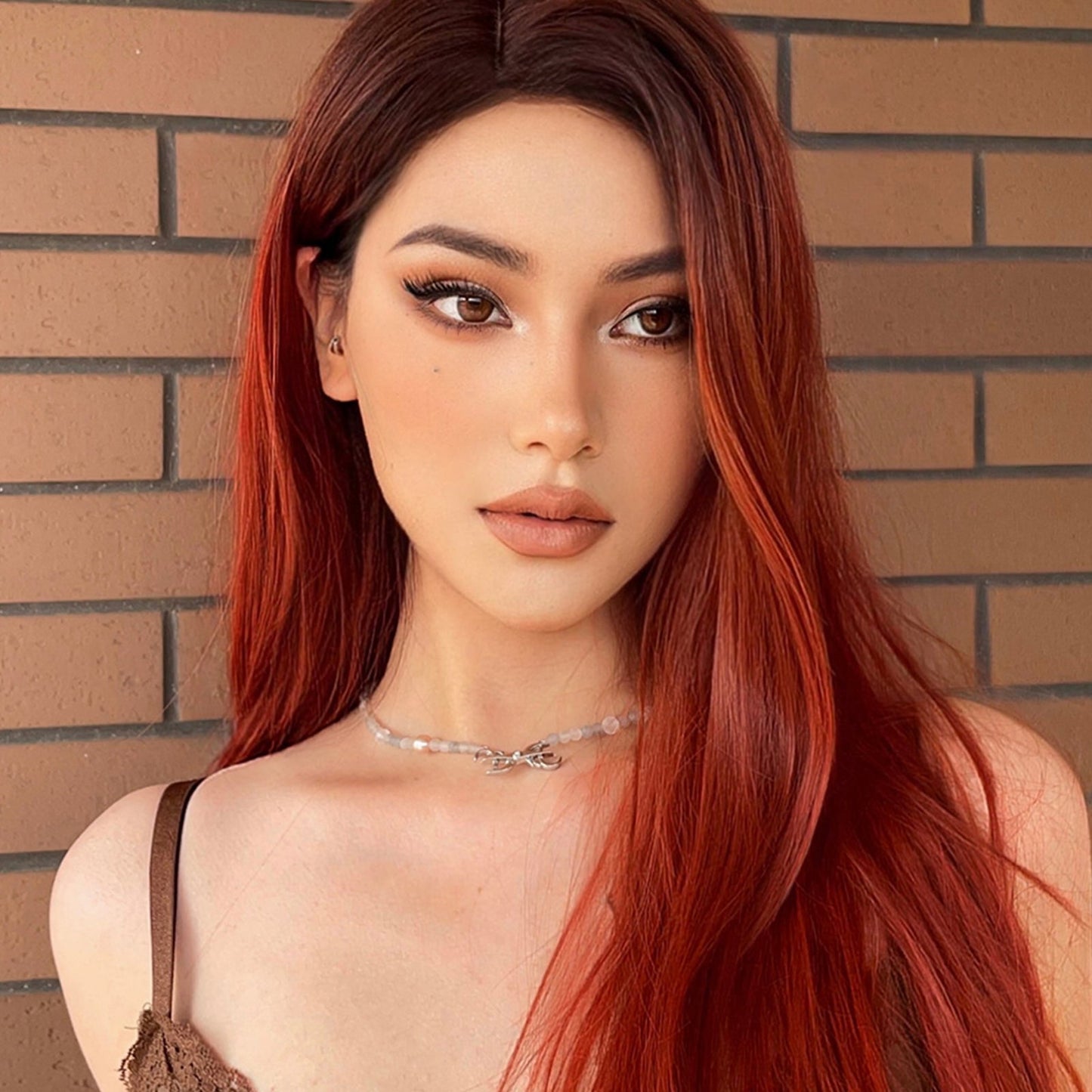 WL1046-1 28 Inch Brown Ombre Red Long Straight wigs for Women