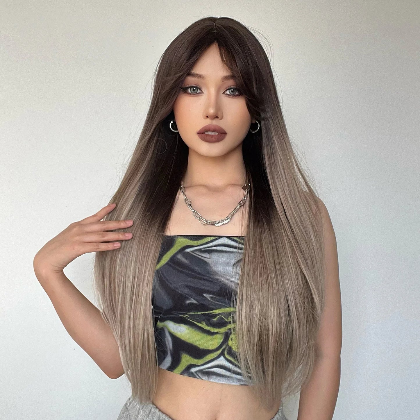 LC267 26 inch Long straight brown ombre blonde wigs with bangs wigs for women for daily life