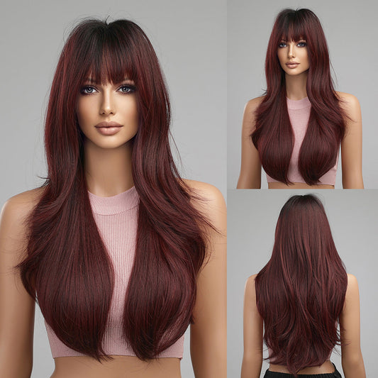 LC8074-1 26 Inches Long Curly Wine Red Wigs with Bangs Synthetic Wigs Women's Wigs for Daily or Cosplay Use