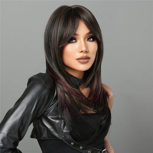 LC2068-1 22 Inch-long black straight wigs with bangs wigs for women