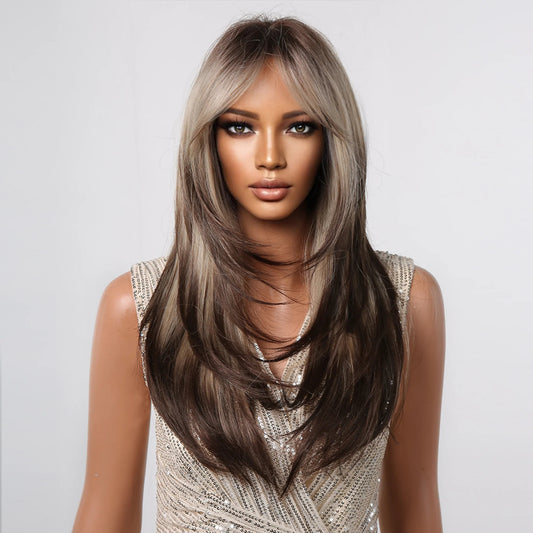 LC2068-11 22 Inches Long Straight Ivory Ombre Black Layered Wigs Synthetic Wigs for Women for Daily or Cosplay Use