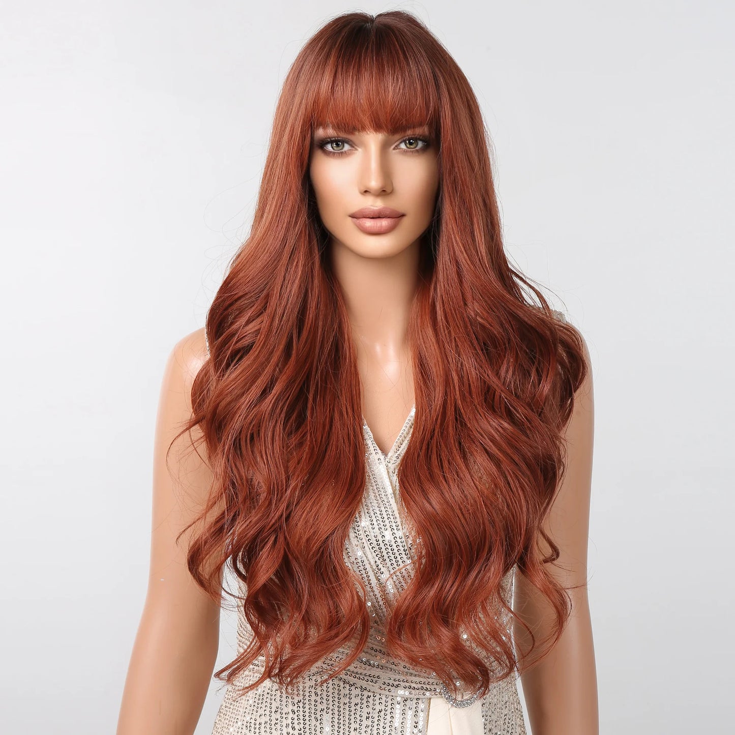 LC2097-2 30 Inch brown long curly wigs with bangs wigs for women