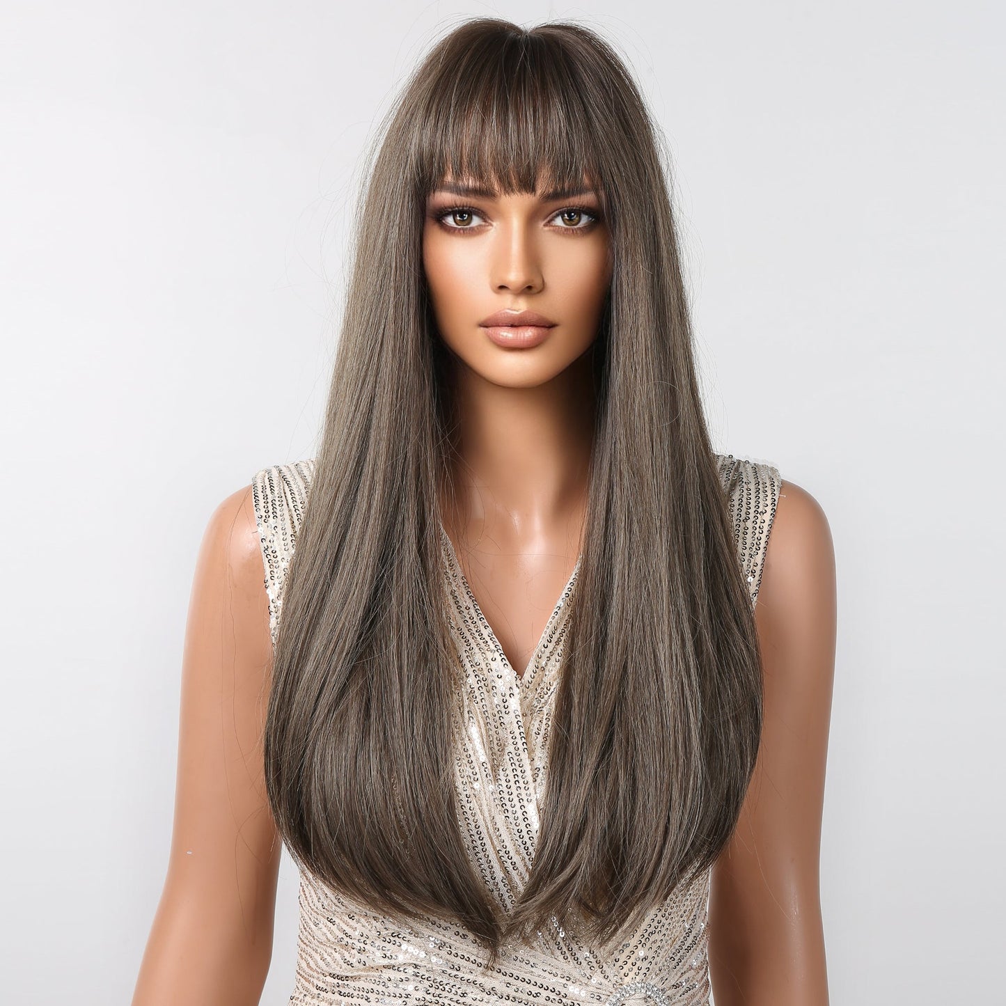 LC2096-1 28-inch Long Straight Black ombre grey Wigs for Women Straight Wigs with bangs wigs