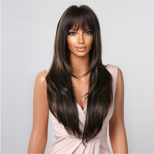 LC2082-1 24 Inches Long Straight Black Wigs with Bangs and Blonde Highlight Layered Wigs Synthetic Wigs for Women for Daily or Cosplay Use