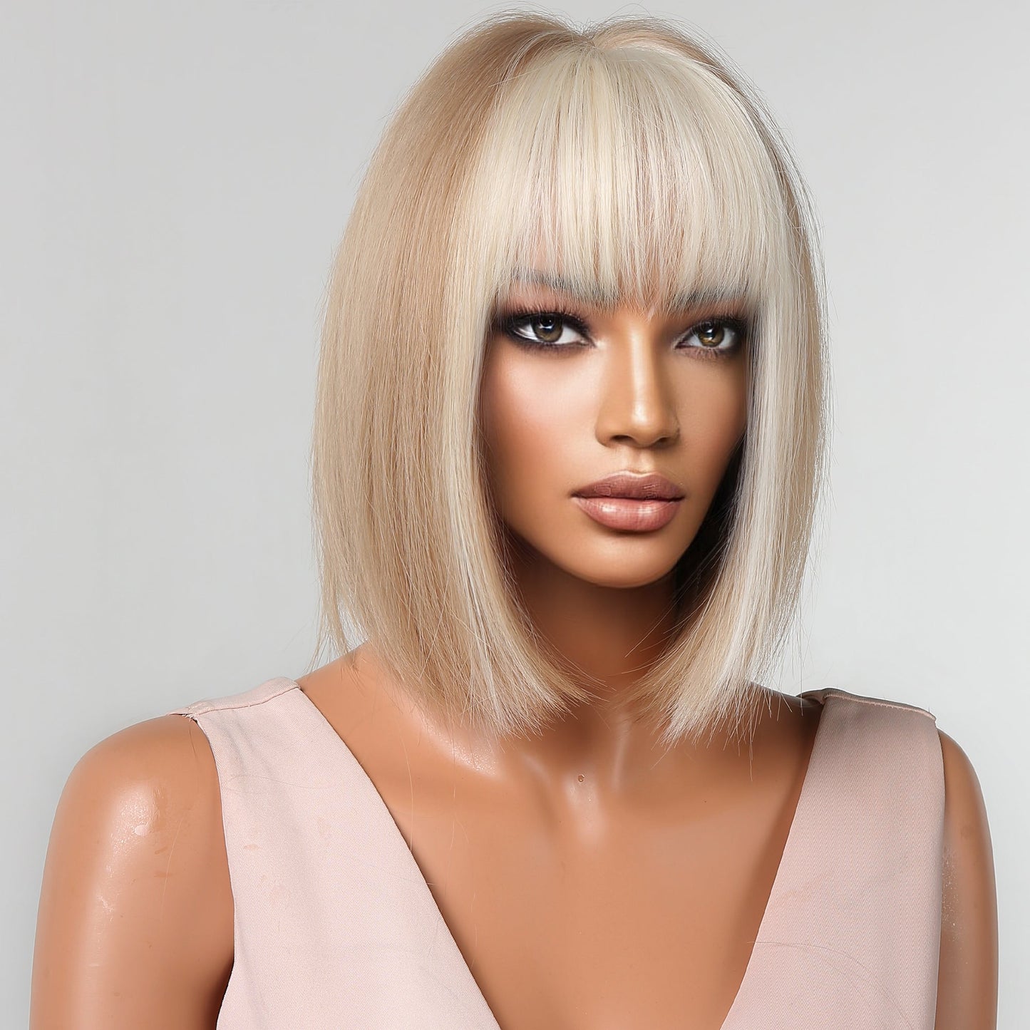 LC2080-10 12 Inches Short Straight Blonde Bobo Wigs with Ivory Bangs Synthetic Wigs for Women Daily Use