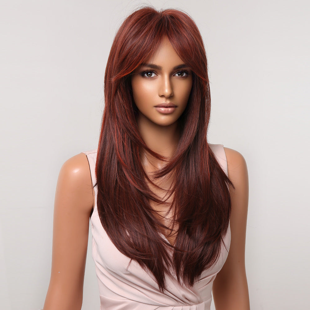 LC2068-3 22 Inch-long red straight wigs with bangs wigs for women