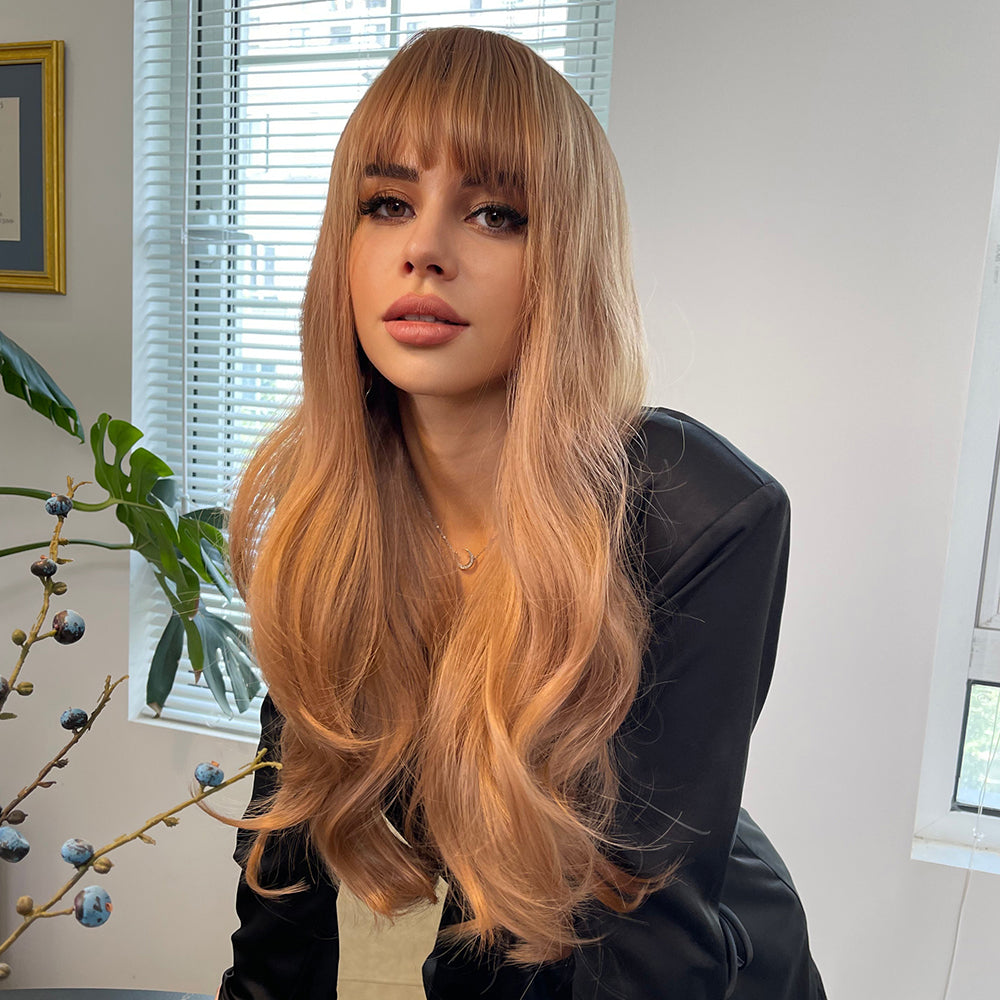 LC8010-1 24 Inches Long Curly Blonde Wigs with Bangs Synthetic Wigs Women's Wigs for Daily or Cosplay Use