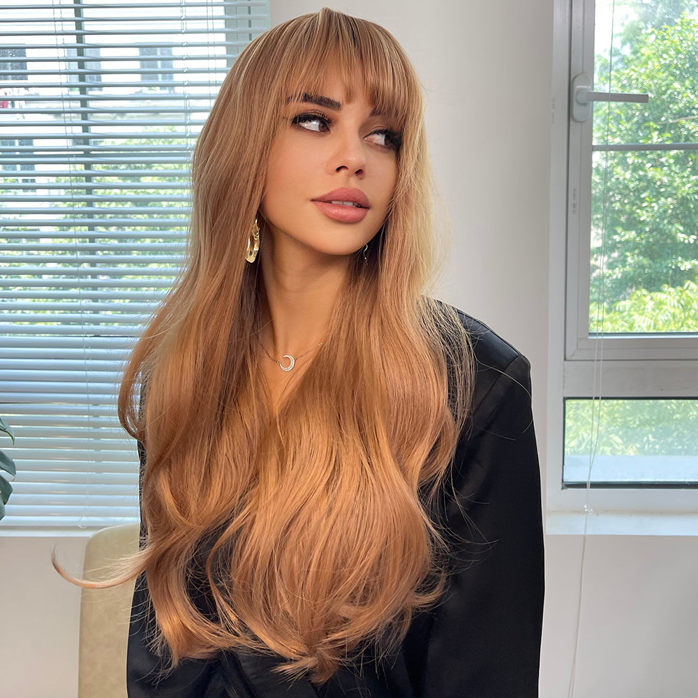 LC8010-1 24 Inches Long Curly Blonde Wigs with Bangs Synthetic Wigs Women's Wigs for Daily or Cosplay Use