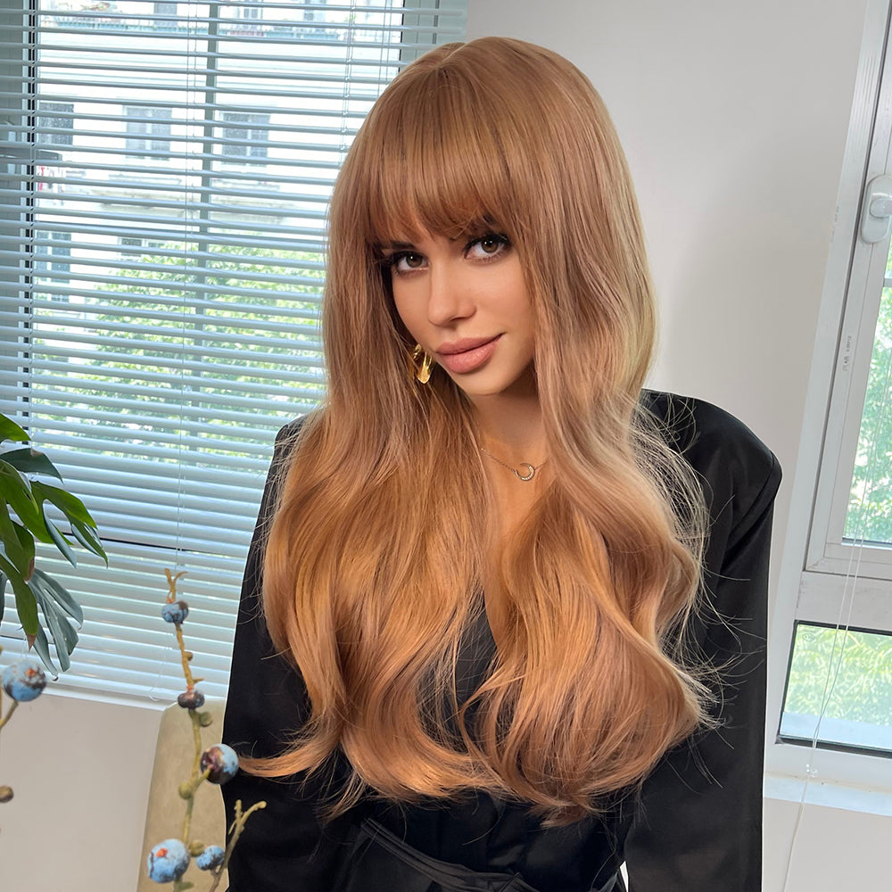 LC8010-1 24 Inches Long Curly Blonde Wigs with Bangs Synthetic Wigs Women's Wigs for Daily or Cosplay Use