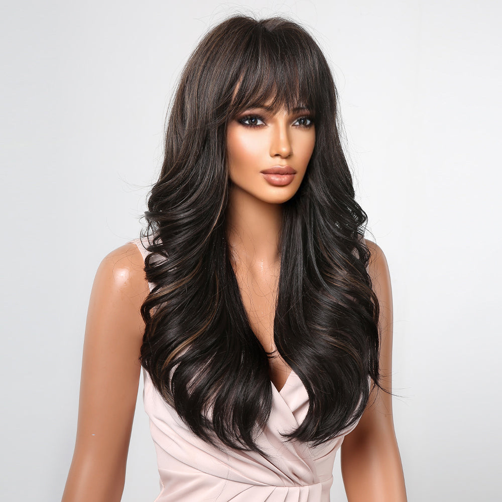LC2090-1 26 Inches Long Curly BlackWigs with Bangs Synthetic Wigs Women's Wigs for Daily or Cosplay Use